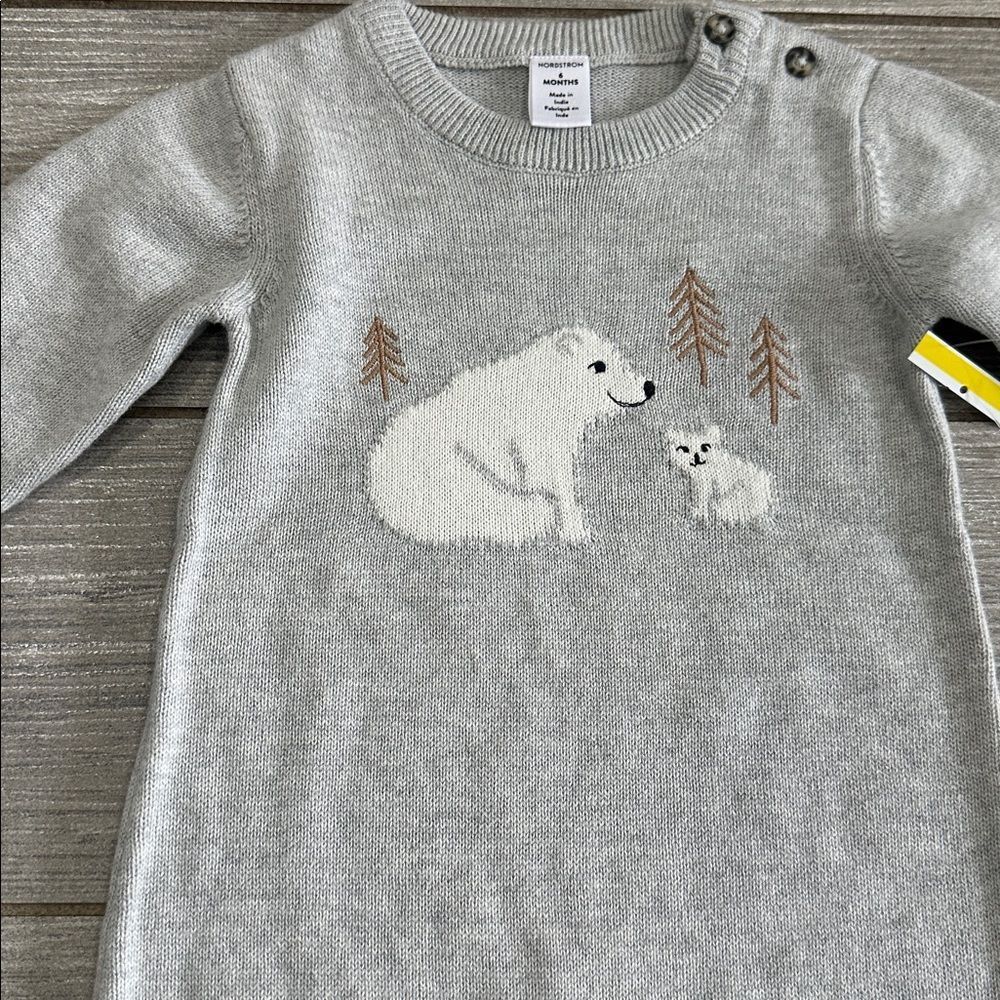 Nordstrom Babies’ Cozy Cotton Intarsia Heather Gray Sweater Bear Romper New! - Picture 3 of 6